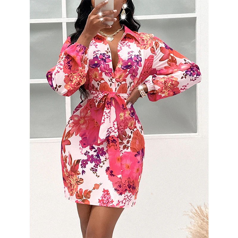 2022 New Arrivals Long Sleeve Allover Floral Print Cloths Stylish Ladies Casual Button Womens Floral Print Dress