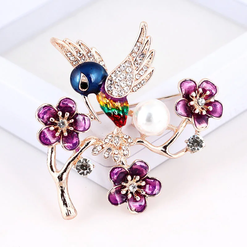 
Fashion Cute Enamel Purple Flower Branch Spring Bird Animal Brooches Pins Jewelry Gift For Women 