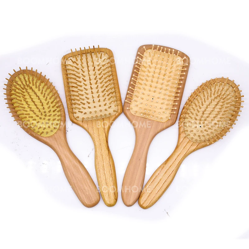 Custom Logo wood needle cushion brush Packing Wide Tooth  Brush Set 4styles Natural wooden Paddle custom hairbrush