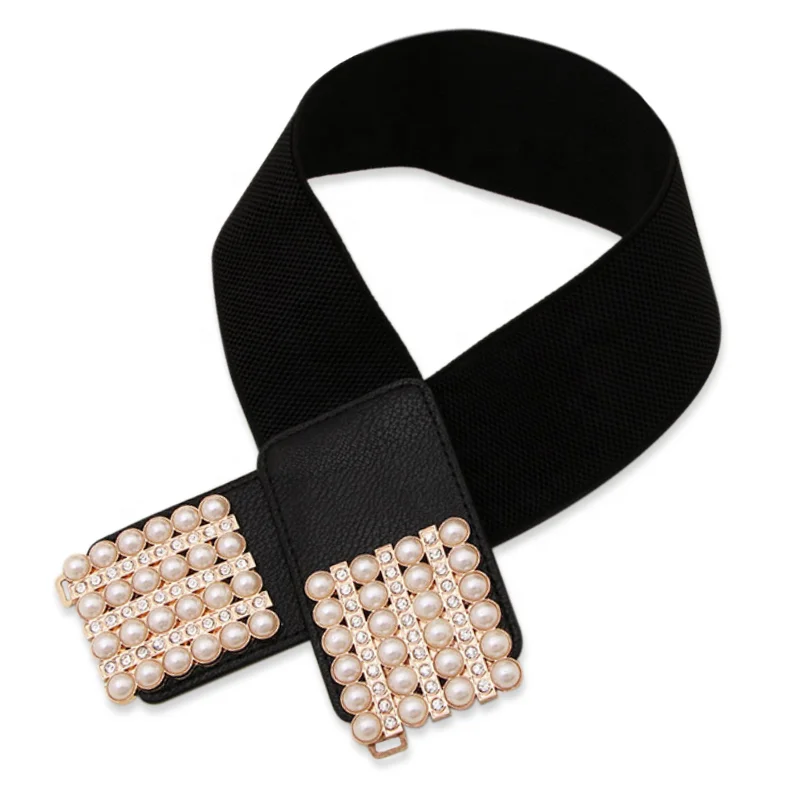 Fashion Ladies Embellished Rhinestone PU Leather Weave Fabric Wide Elastic Belt with Pearl