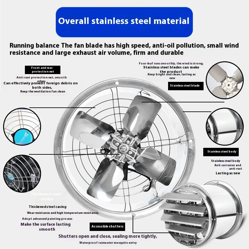 Stainless Steel High Speed Cylinder Fume Extractor Industrial Ventilating Fan with Shutters wall fans for room