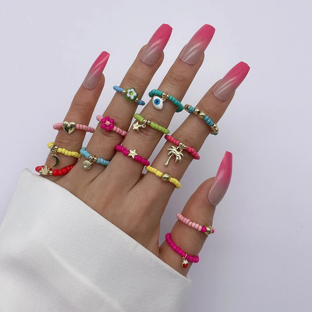 Trending Y2K Boho Fashion Ring Set Adjustable Colorful Seed Beaded Rings for Women Girl Smiley Face Rings