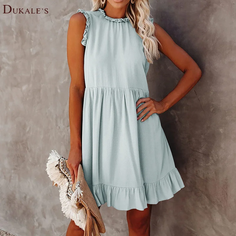 Casual Summer Dresses for Women Cute Ruffle Sleeves Beach Dress Loose Fit Mini Skirt Flowy Swing Ruffle Dress Wholesale