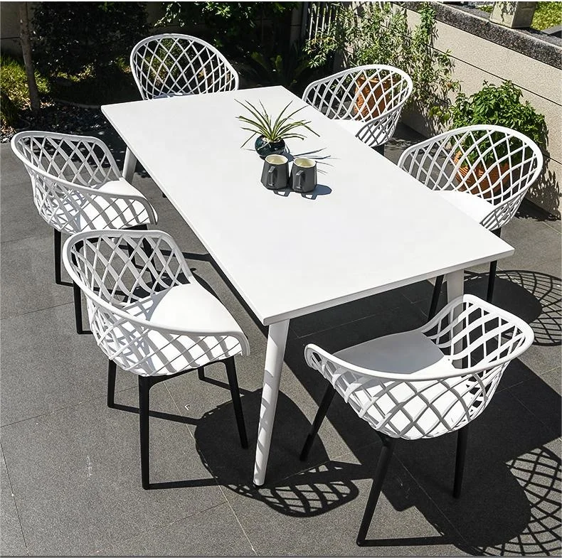 Nordic outdoor modern center hole square table with 4 stackable plastic chairs dining set with umbrella