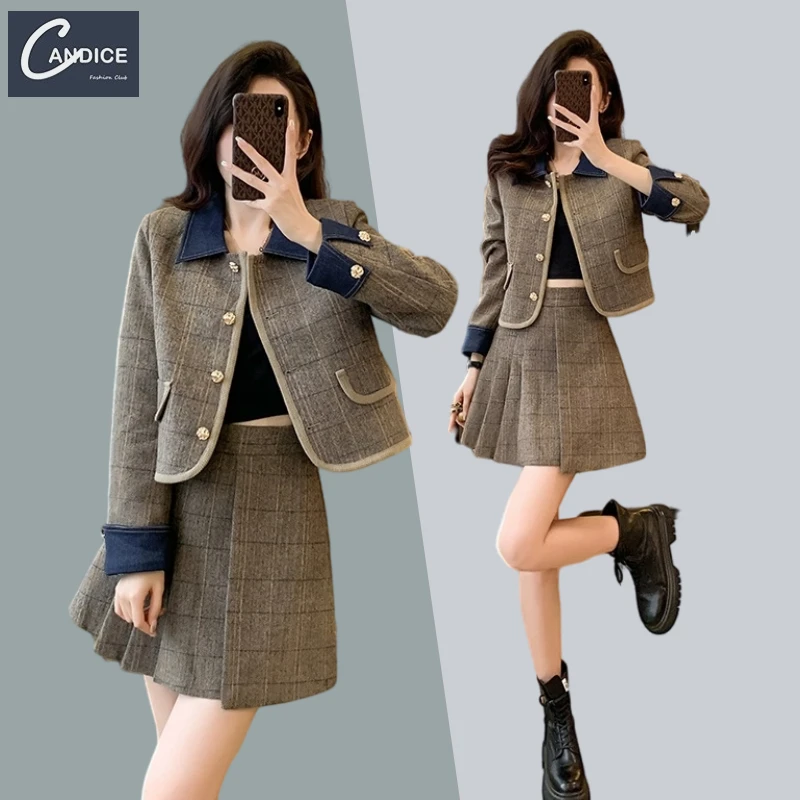 Candice 2023 high quality elegant pleated skirt tweed suit two piece set women clothing