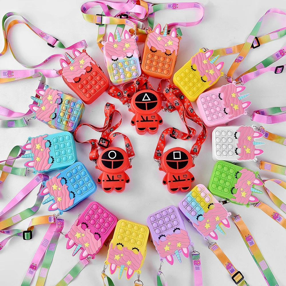 Silicone squid game pop push it bubble fidget toys mini kid purse wallet bags unicorn fidget purse for girls purse