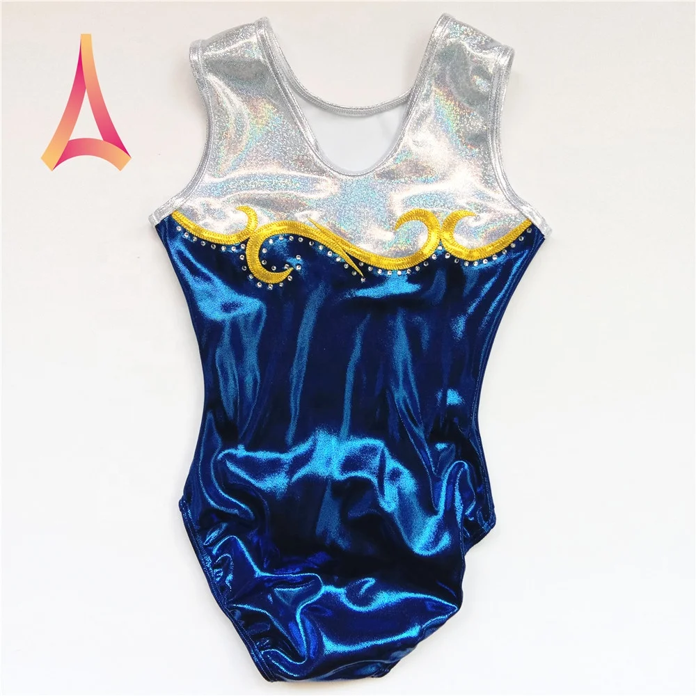 Оптовая продажа, слитное боди из спандекса, синее гимнастическое трико без рукавов для девочек, распродажа