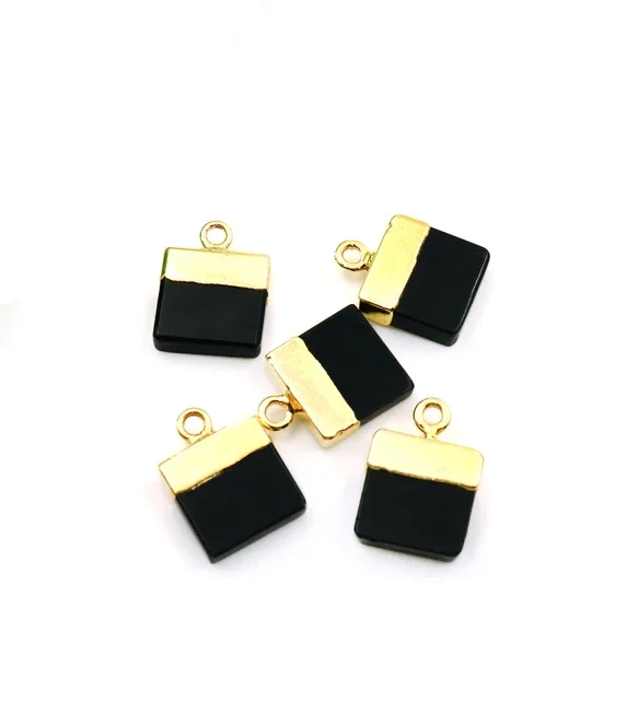 15x12 MM DIY Black Onyx Necklace Pendant Gold 18K Electroplated Square Gemstone Charms Unisex for Party