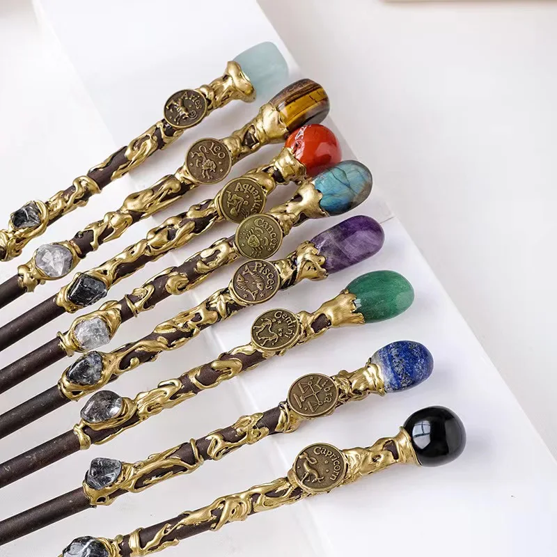 Wholesale  natural crystal raw stones twelve zodiac signs magic wands double headed crystal fairy sticks props and accessories
