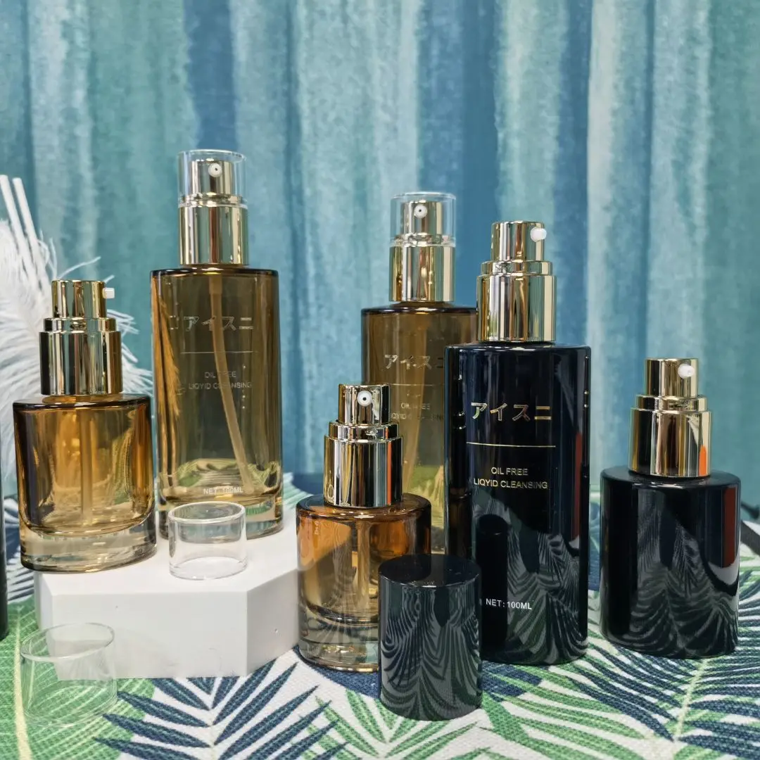 cosmetic matte frosted black bottles flat shoulders Essential 50ml 100ml square dropper glass oil pump spray bottle