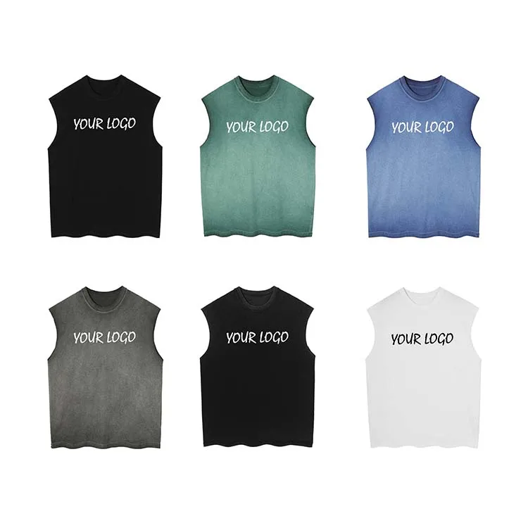 Custom Your Own Logo Vintage Heavy Gradient Washed Cotton Oversized Sleeveless T-shirt For Men