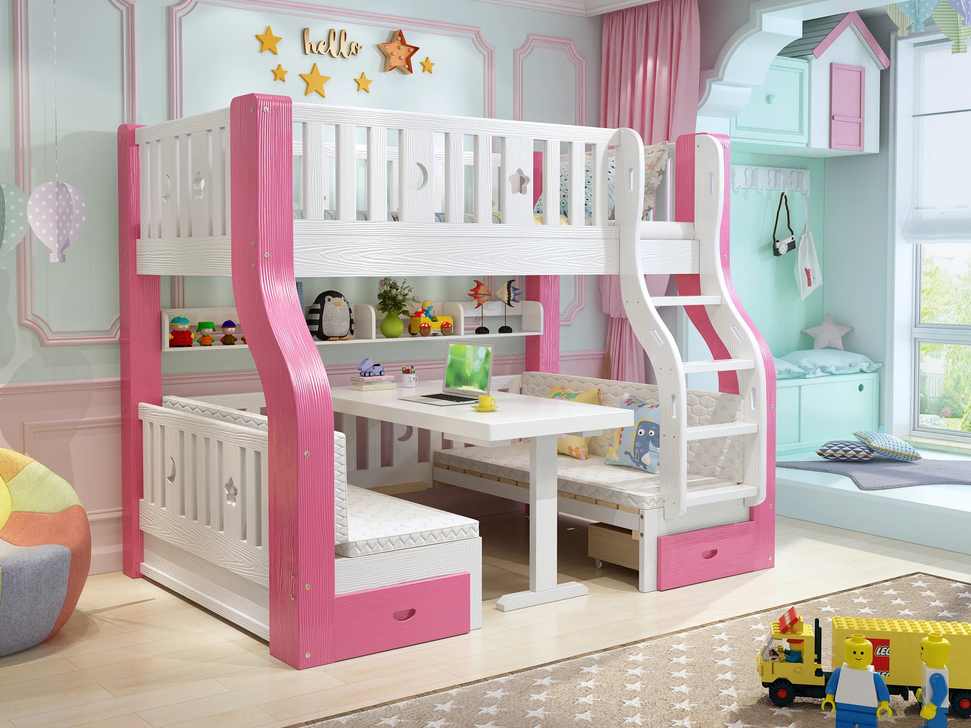 
Multifunction Solid Wood Bed Room Sets Children Twin Girl Pink Princess Bunk Bed 