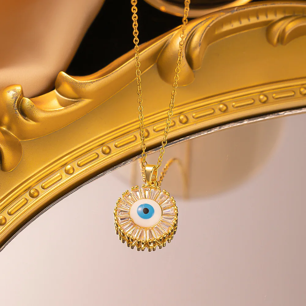 NUORO Turkish Blue Eyes Pendant Necklace Stainless Steel Collarbone Chain Copper Gold Plated Geometric Evil Eye Charm Necklace