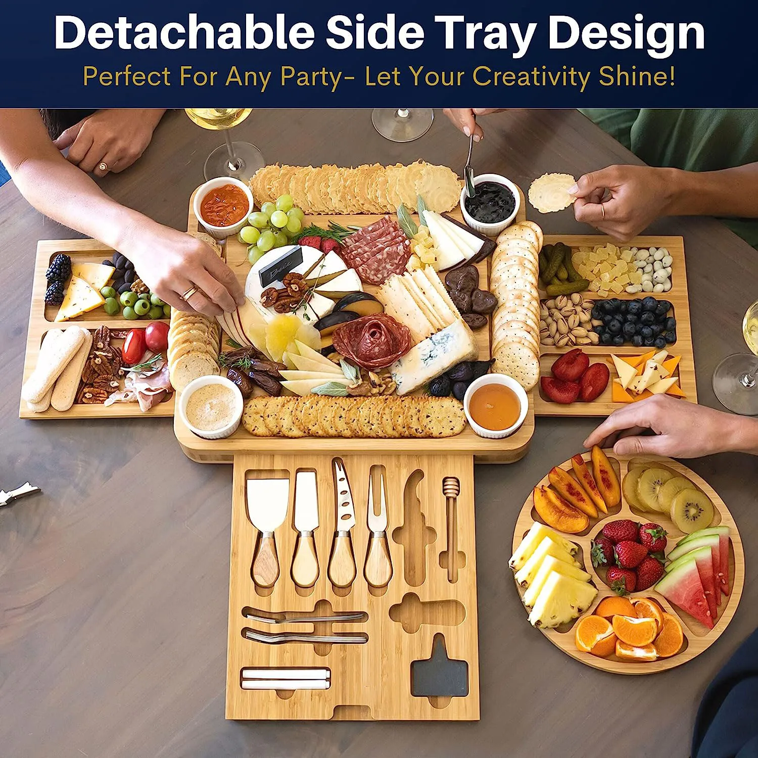Multi-Functional Cheeseboard Fruit Tray Bamboo Cheese Chees Tables Charcuterie Board Platter Set With Hidden Slide Drawers
