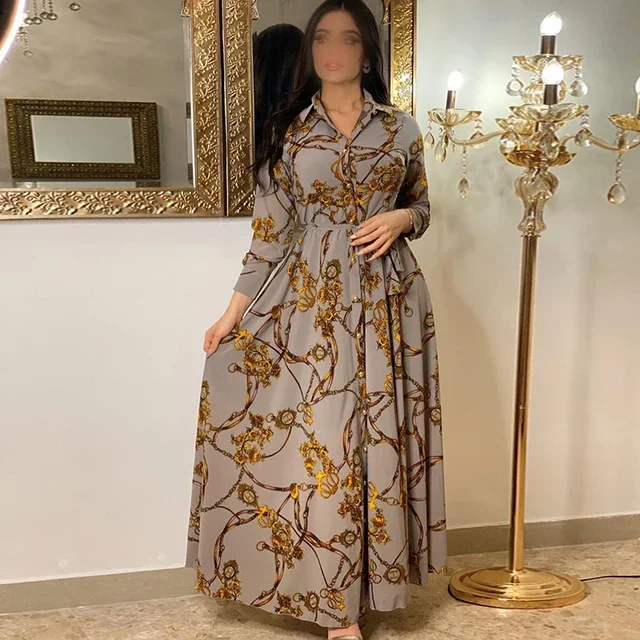 Latest Design Middle East Muslim Dress Indonesia Vintage Print Large Swing Skirt Shirt Dress Elegant Casual Dresses