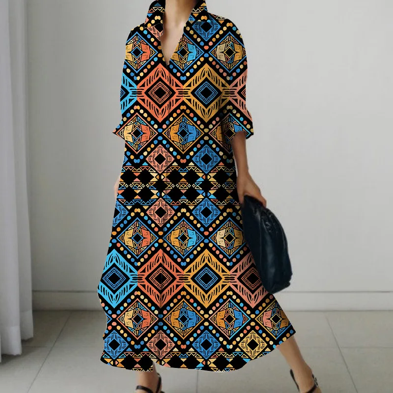 European and American retro ethnic pattern skirts. 3D digital printing. elegant temperament.  spring and autumn dresses