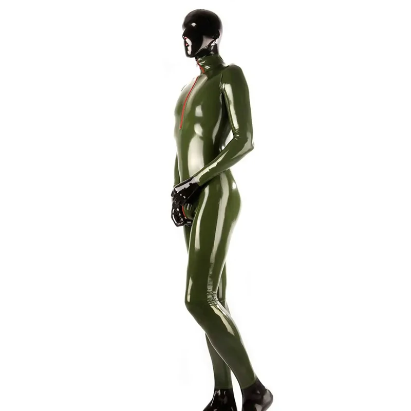 Sexy Army Green Latex Fetish Catsuit with Front Zip Rubber Jumpsuit Handmade Uniform Bodysuit wo Hood