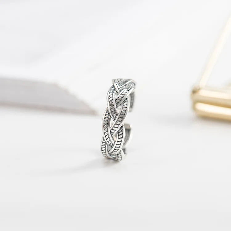 Wholesale Of New Products Retro Hollow Ring 925 Sterling Silver Woven Hemp Rope Opening Ring For Women