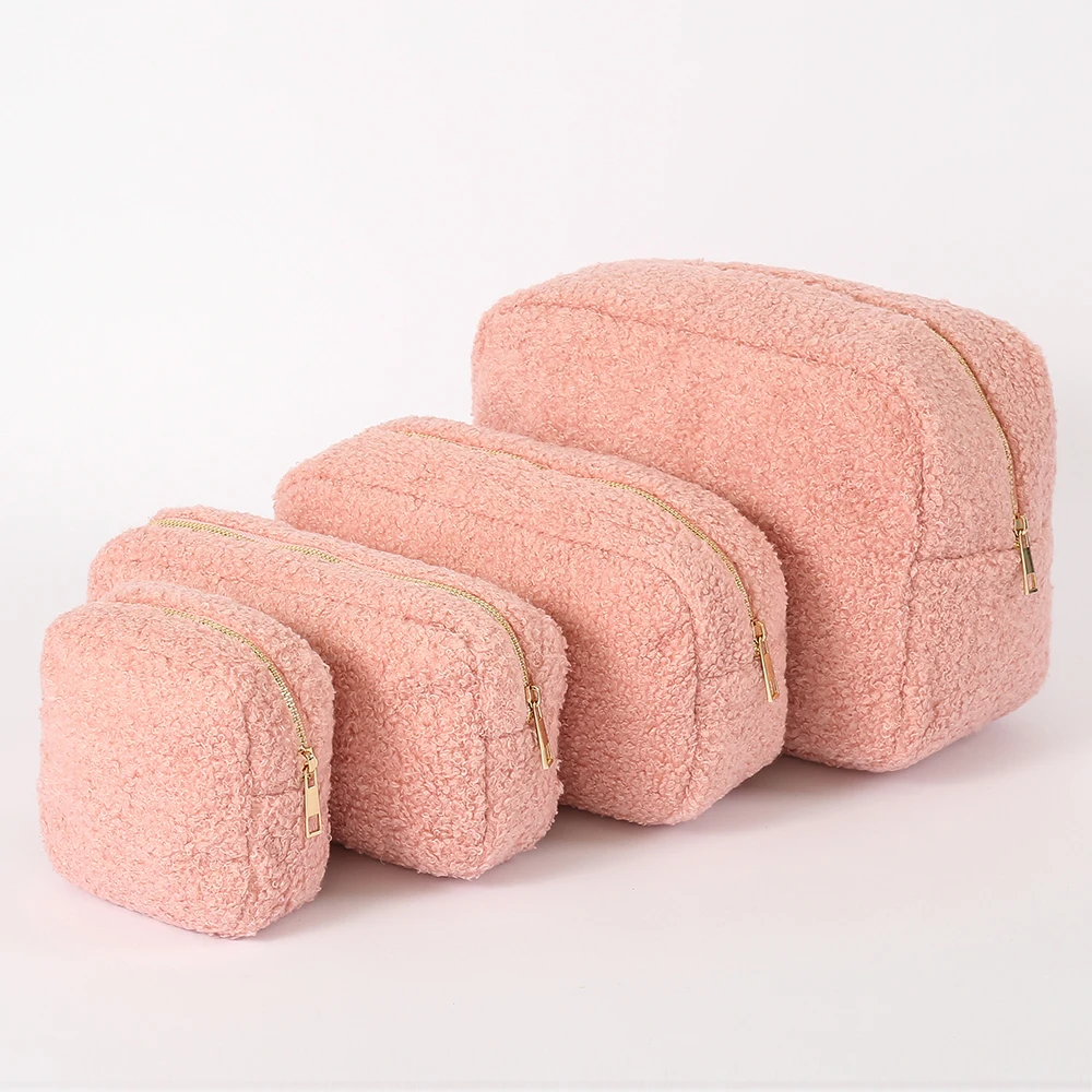 2022 Terry Cloth Teddy Soft Fabric Travel Makeup Bag 4 size S M L XL Terry Towel Cosmetic Bag Velvet For Women