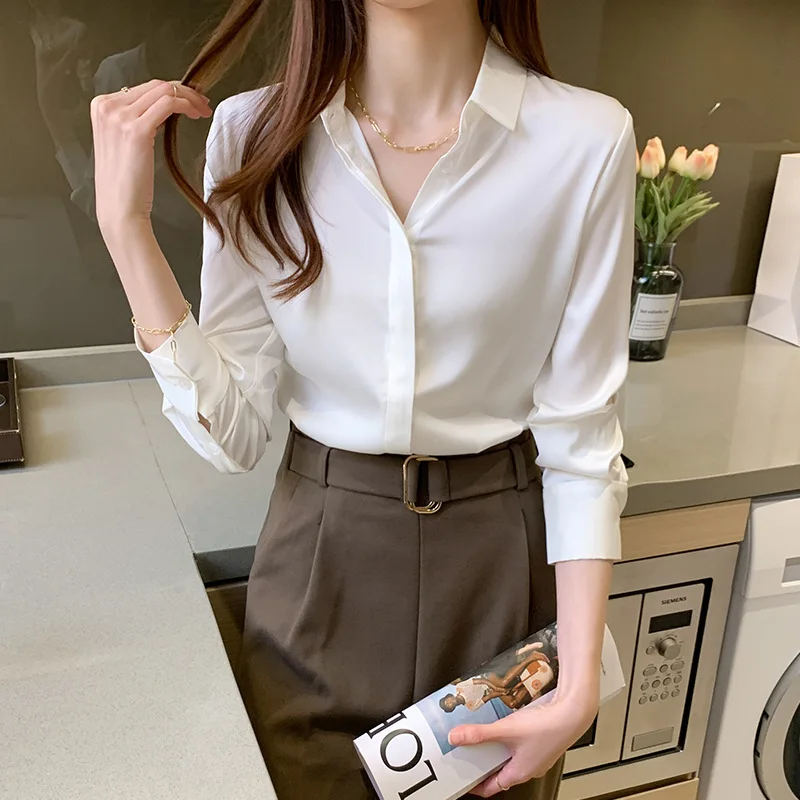 Autumn Spring Fashion Button Up Satin Shirt Vintage Blouse Women White Lady Long Sleeves Female Loose Elegant Shirts