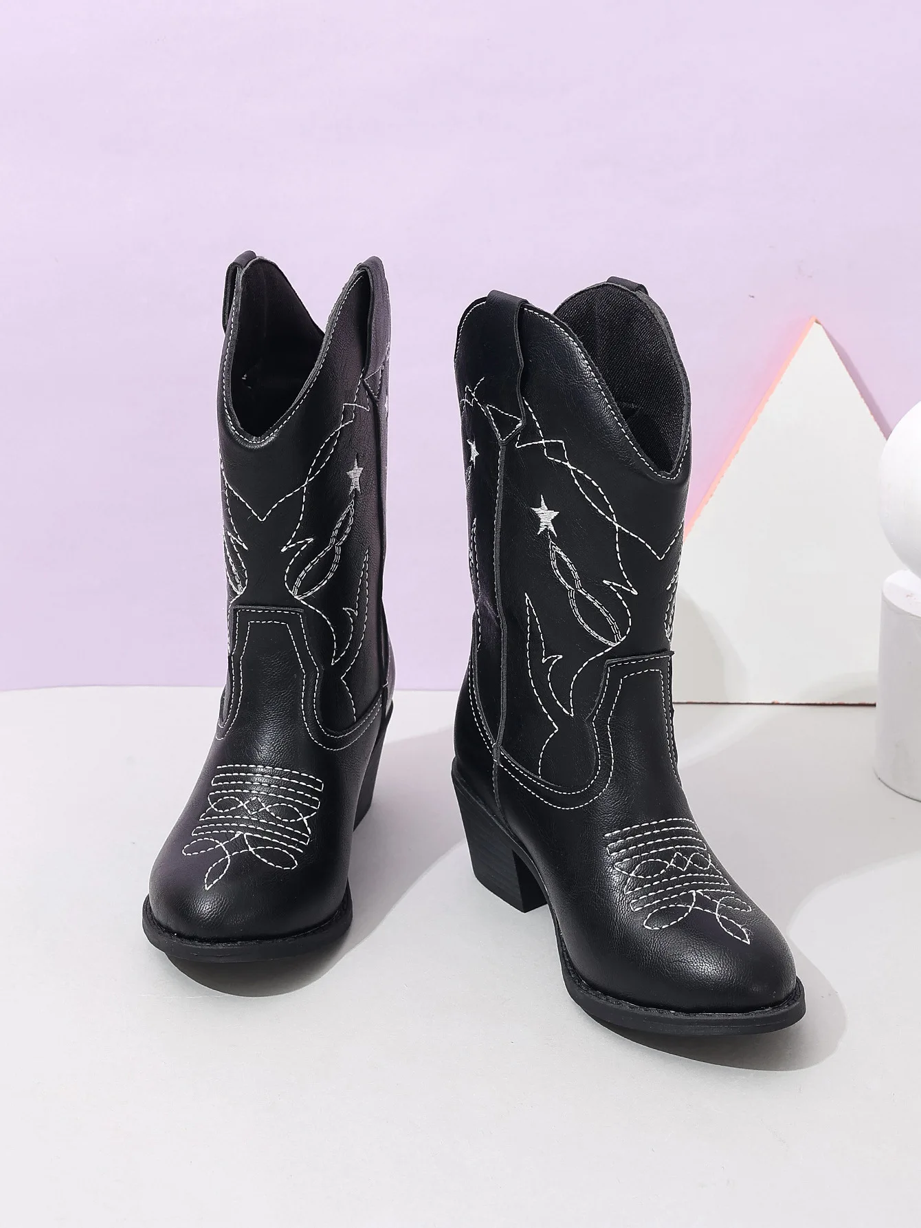 BUSY GIRL mum and me matching cowgirl boots set embroider stars black leather western outdoor riding kids cowboy boots women