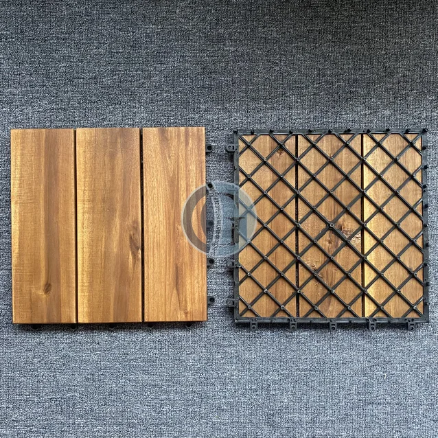 Interlocking acacia wood deck tiles 3 slats wood flooring bacolny waterproof patio tiles backyard flooring