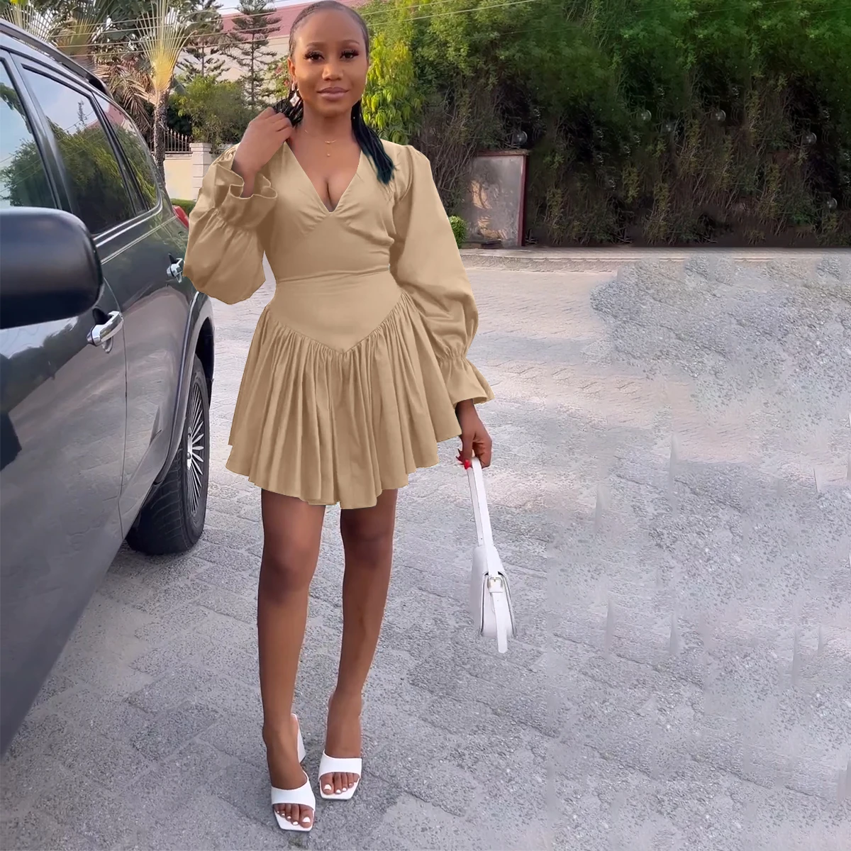 Boutique Spring Women Short Dresses Long Puff Sleeve V Neck Pleated Streetwear Clothes For Ladies Sexy Mini Dress
