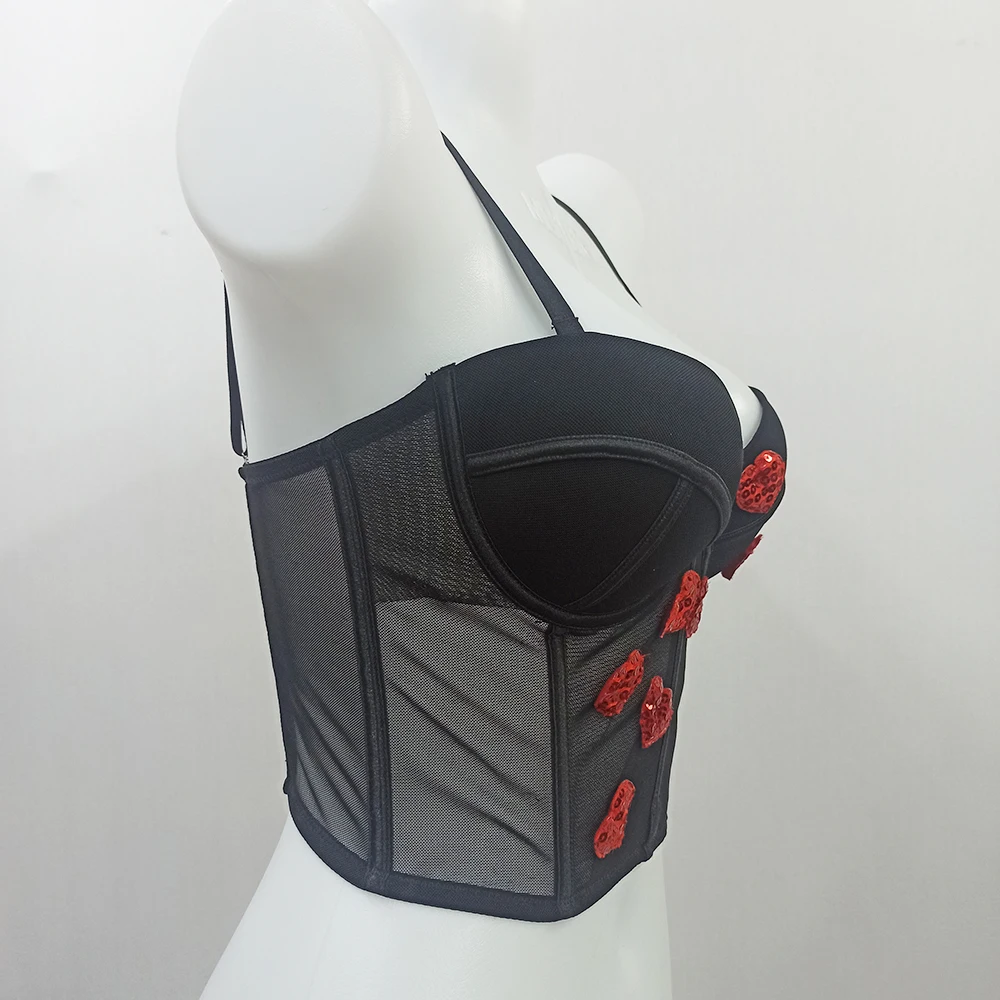 Ladies lingerie love pattern mesh corset top for women push up bra black Cropped Bustier with Red Sequin Heart