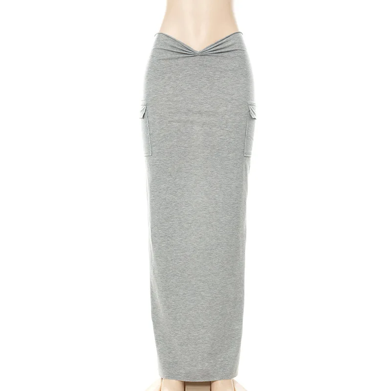 Designs Elegant Long Skirts For Ladies Casual Low Waist Grey Cargo Soft Straight Maxi Skirt