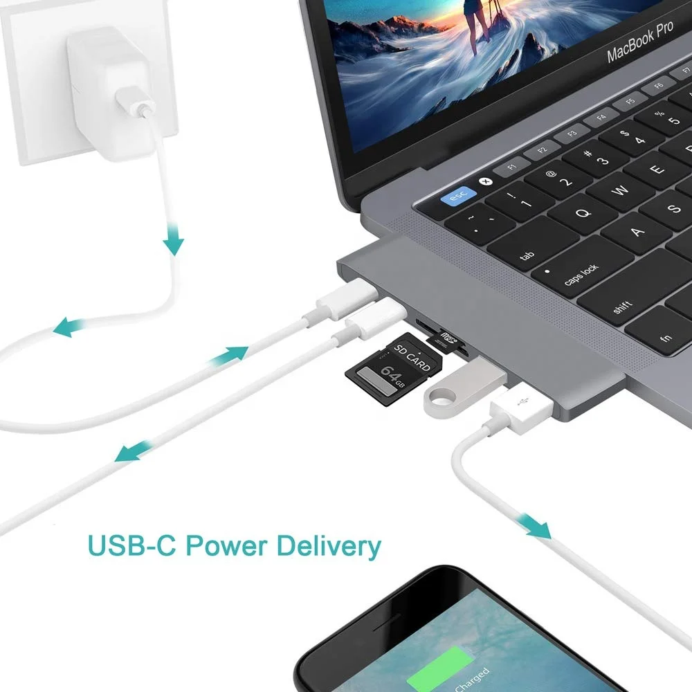 Зарядное устройство USB 3 0 PD 6 в 1 со слотами для карт SD и TF хаб типа C MacBook Pro Samsung S8 Huawei MateBook т.