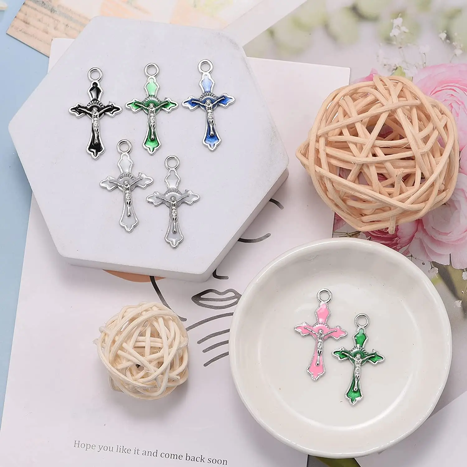 80pcs Mixed Antique Enamel Cross Charms Craft Supplies Pendants Beads Charms Pendants for Crafting Jewelry Bracelet 31mmx17mm