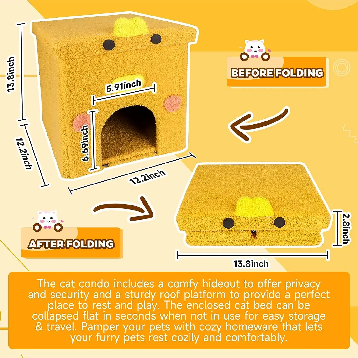 Cat Bed House Cube for Indoor Cats Large Indoor Covered Cave Bed Cat Ottoman for Pets Sleeping