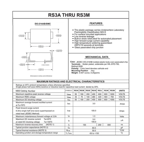 50Pcs SMD Recovery Rectifier Diode RS3M RS2M RS2J 1A 50V 100V 200V 400V 600V 800V 1000V Electronic Components