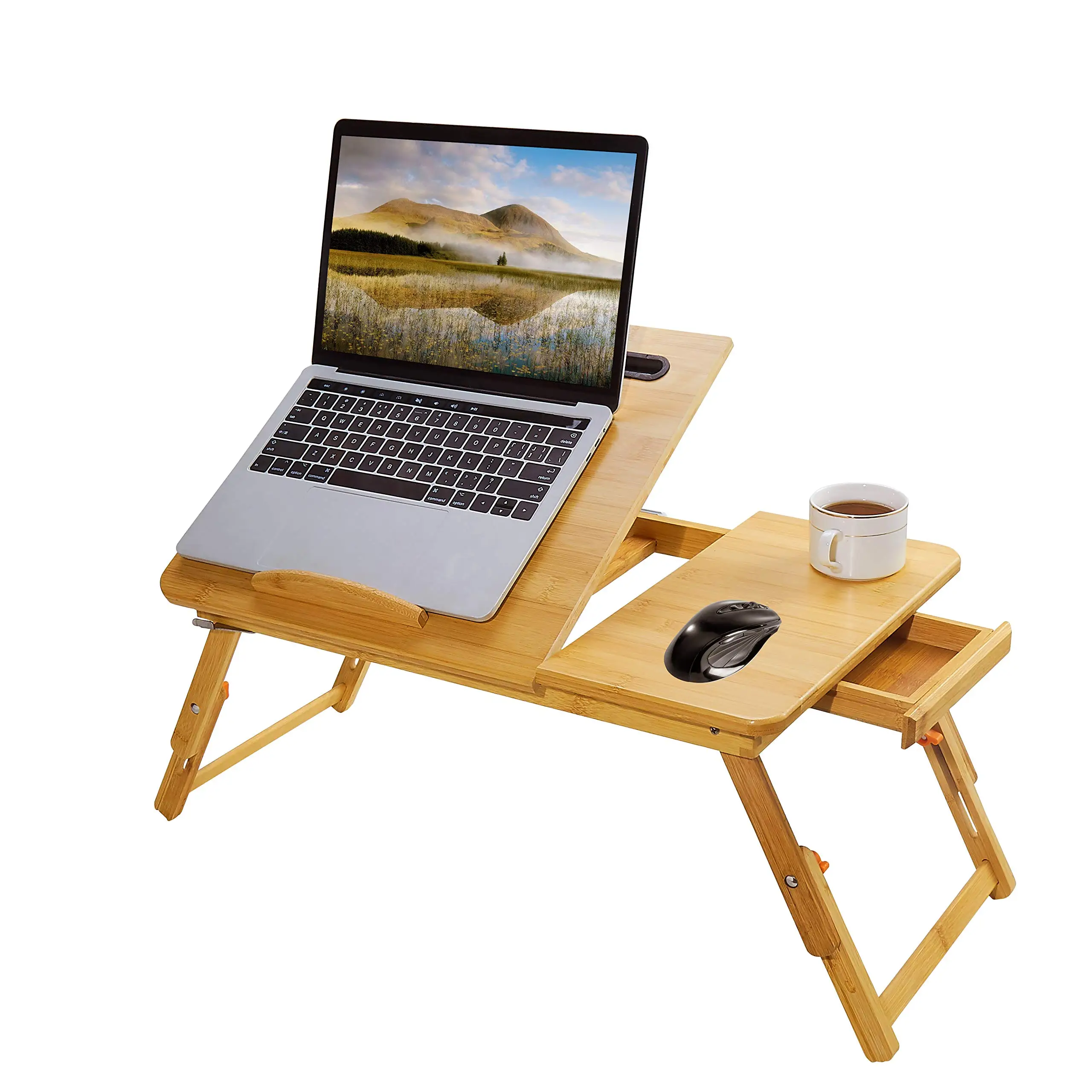 Пользовательский Регулируемый бамбуковый столик для ноутбука с выдвижным ящиком, складной столик для телефона, подставка для планшетного компьютера