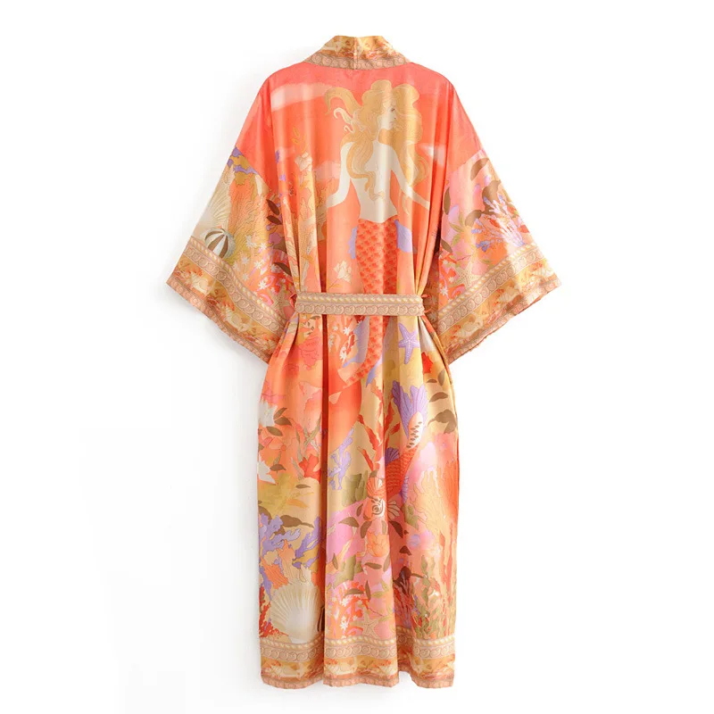 2023 Bohemian Beach Style Vintage  print flare sleeve  ladies fashion bohemian rayon cardigan short kimono
