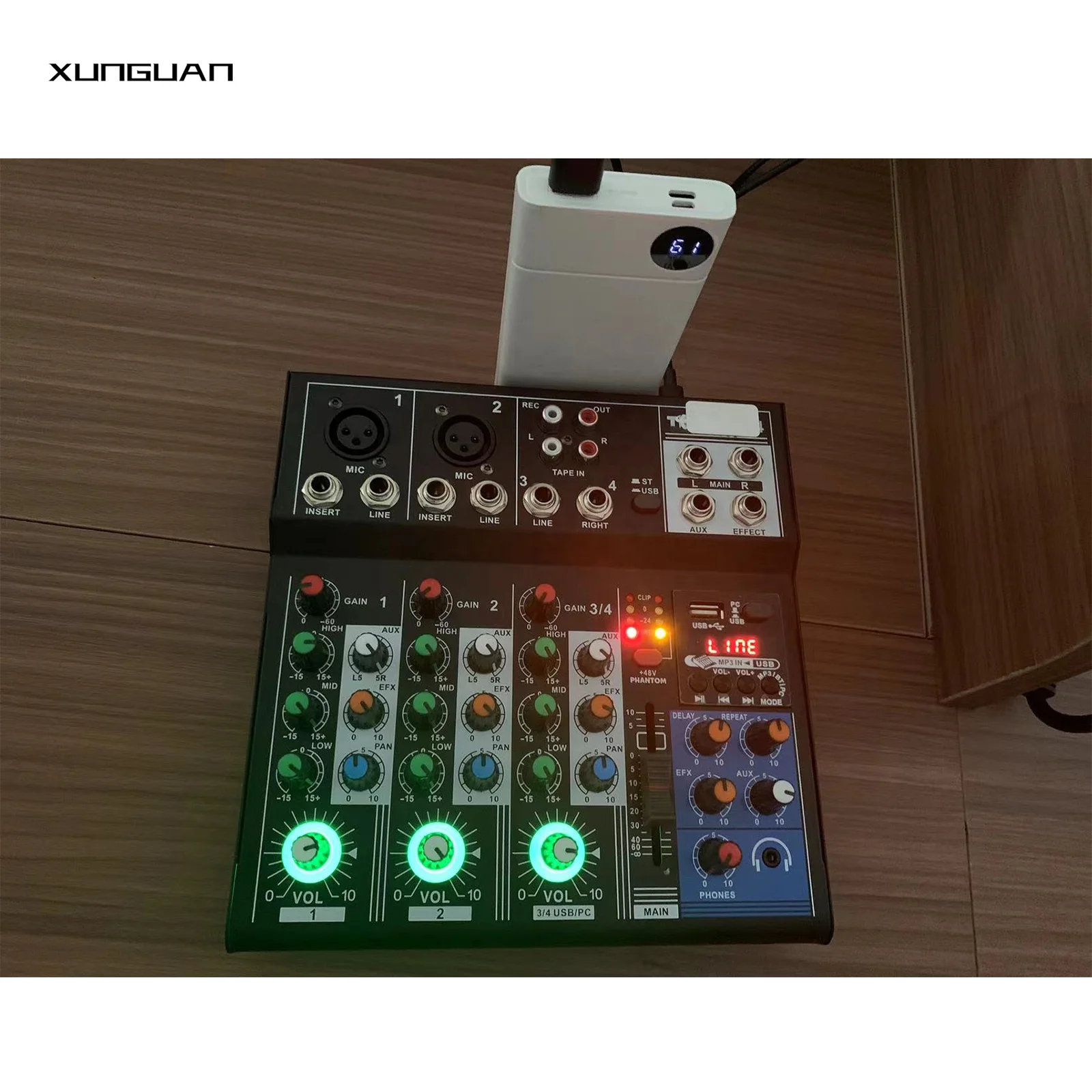 R4 Power-Bank-Used Console Audio Mixer 2 channels Mono/1 channel Stereo External Power Adapter(DC5V/2A)//1AUX/48V Phantom Power