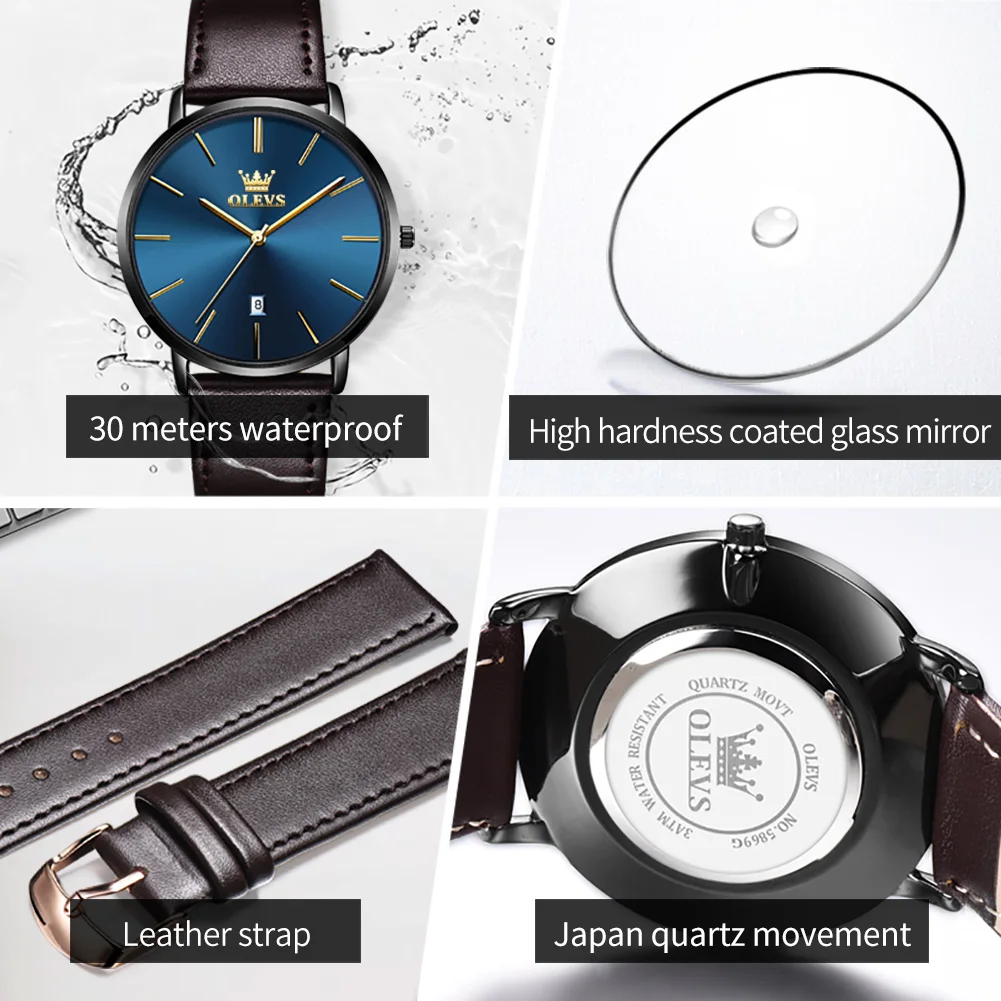 OLEVS 5869 Men Hand Watch Luxury Brand Quartz WristWatch Power Reserve Water Resistant Feature Genuine Leather Clock