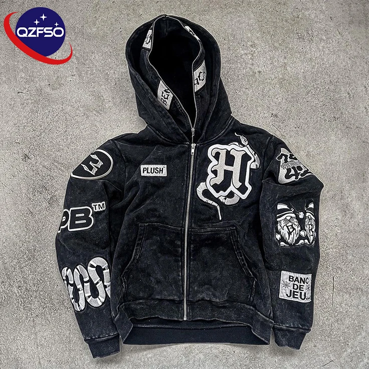 QZFSO Manufacturer Full Zip Up Heavyweight Acid Washed Distressed Patchwork Custom Logo Sun Faded Vintage Embroidery Hoodie