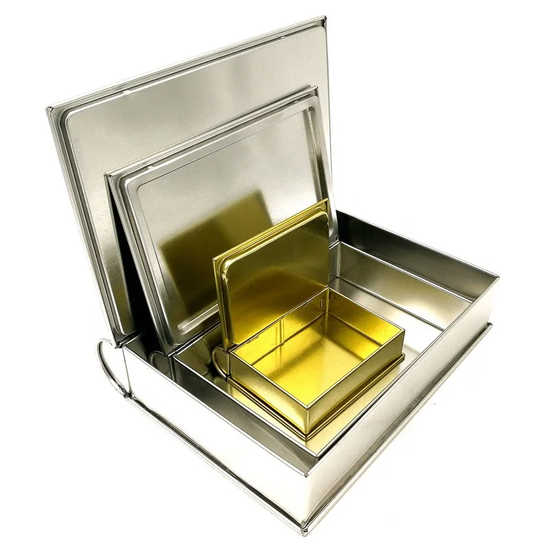 Fashionable Sets of 3 sizes book shaped Metal Tin Tea packaging gift Box candy packaging box playing card box