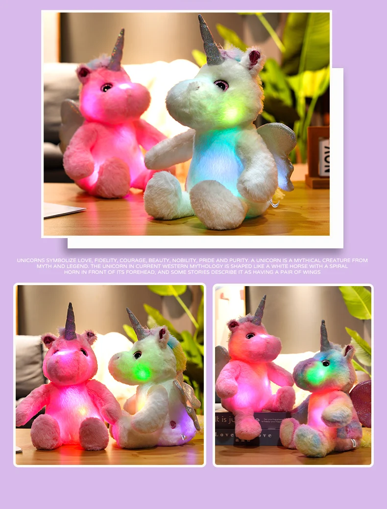 LED Plush Toy Creative Kawaii glowing sitting unicorn colorful glitter angel wings plush toy LED Christmas gift