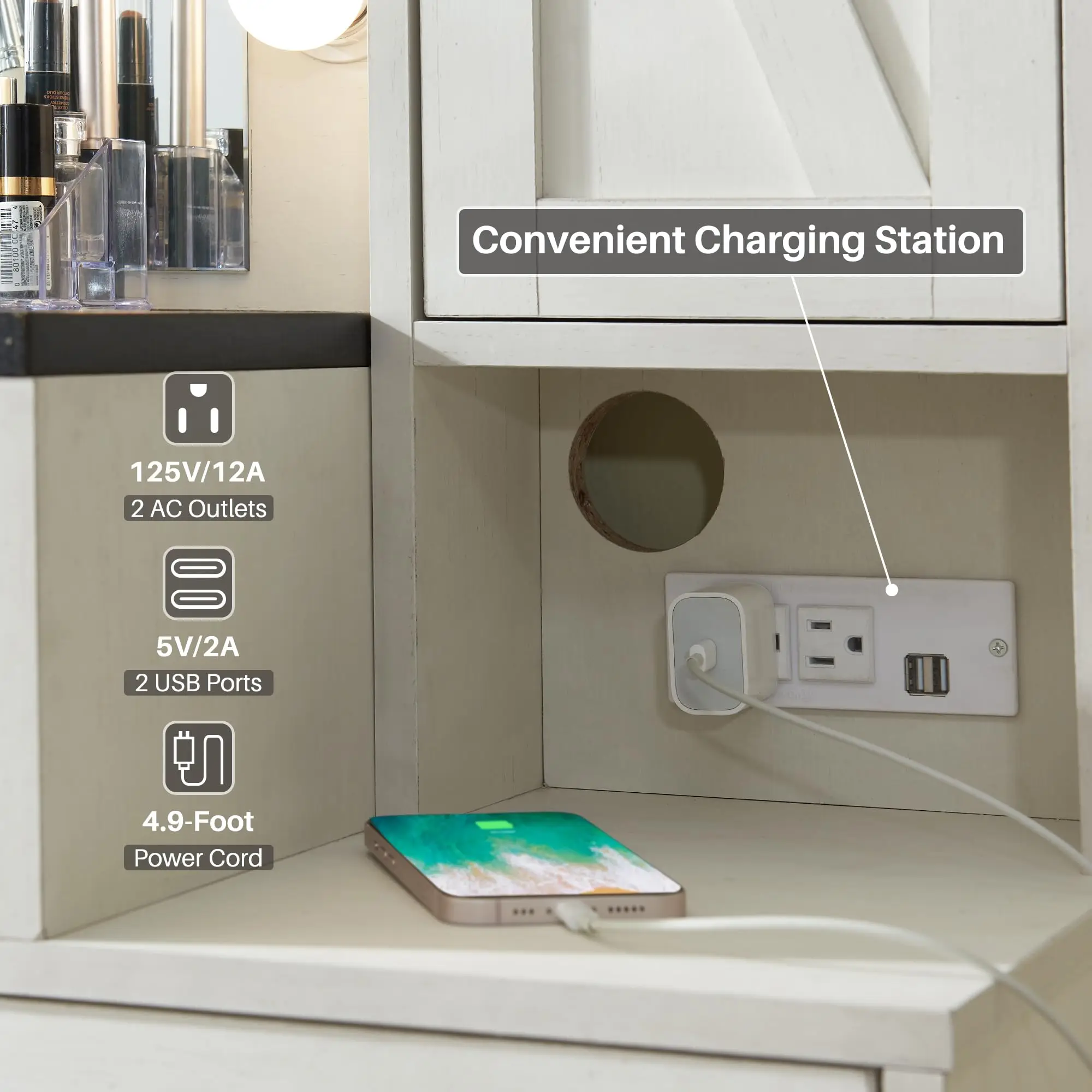 Farmhouse Rustic Bedroom Women Big Make up Dressing Vanity Table Desk with Stool Chair and a LED Mirror and 5 Drawers