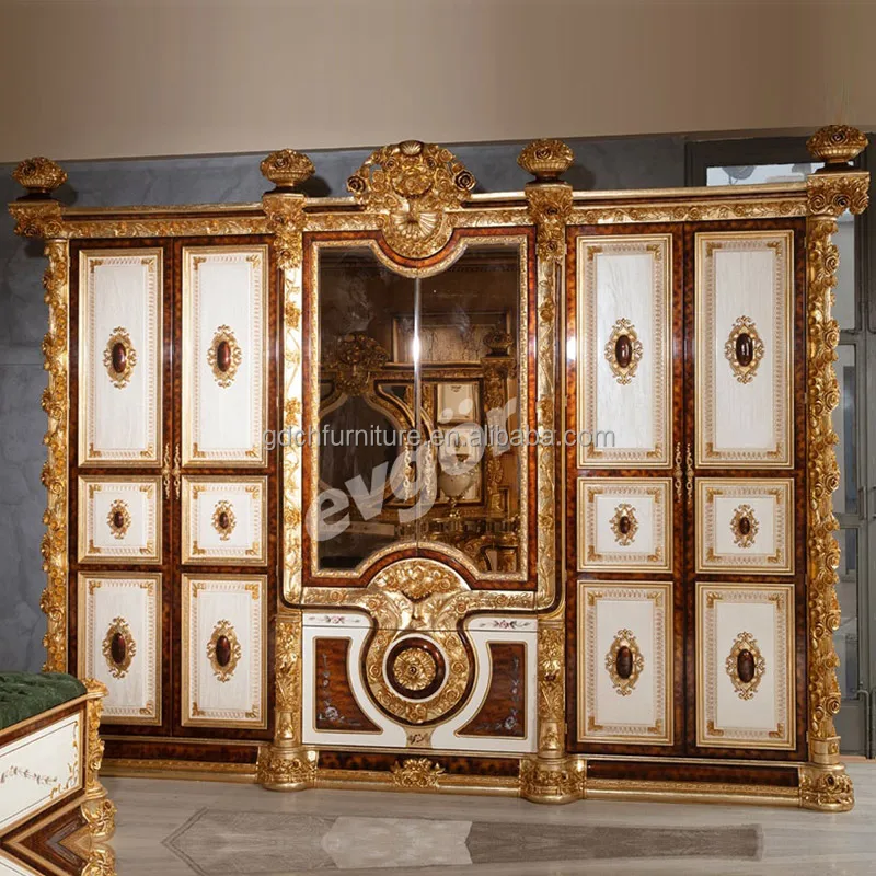 European classical antique bedroom furniture solid wood handmade French luxury royal king size gold foil bed