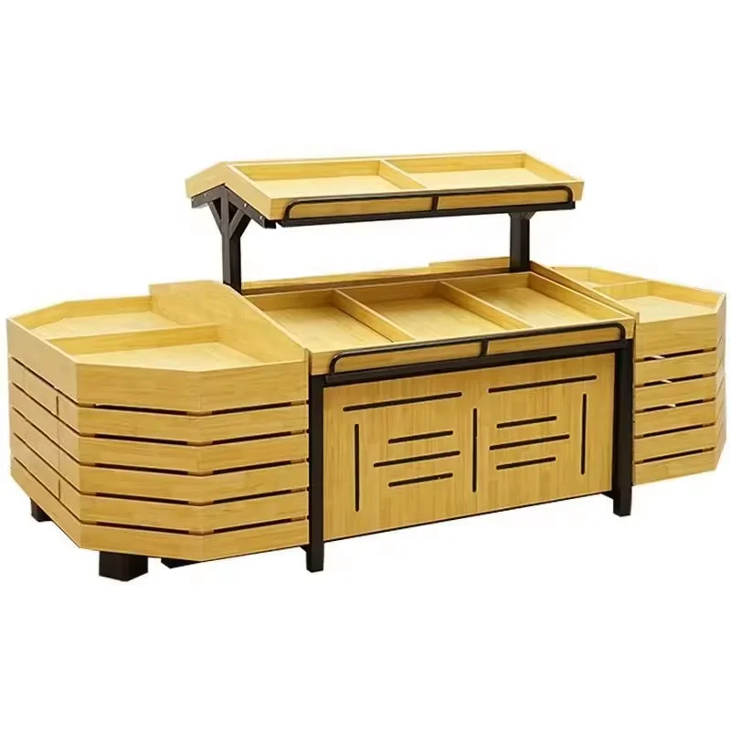 Wood supermarket gondola for vegetable display rack stand for grocery store and fruit shelves