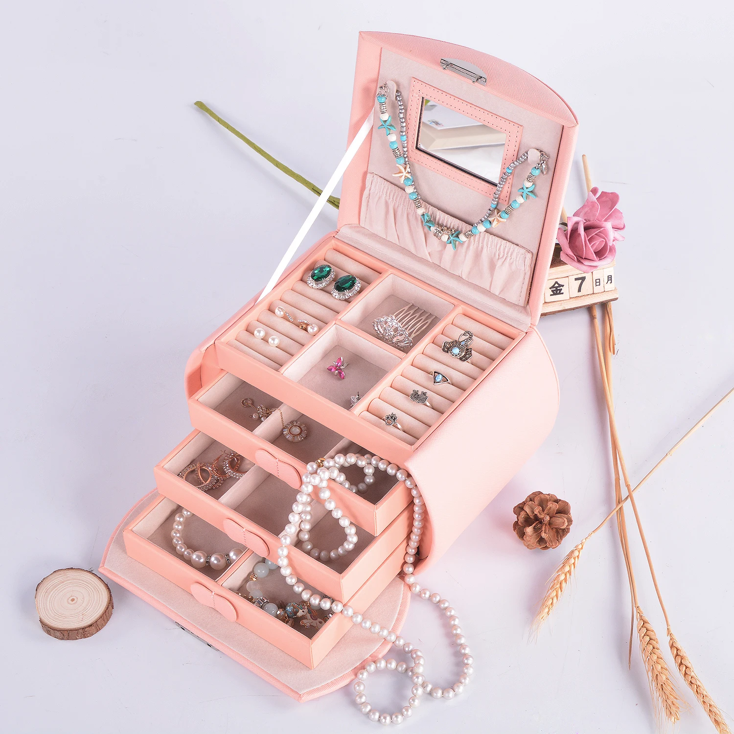 Medium Size Luxurious Square Pink Faux Leather Jewelry Box PC Material Beauty Organizer for Women with Custom Logo
