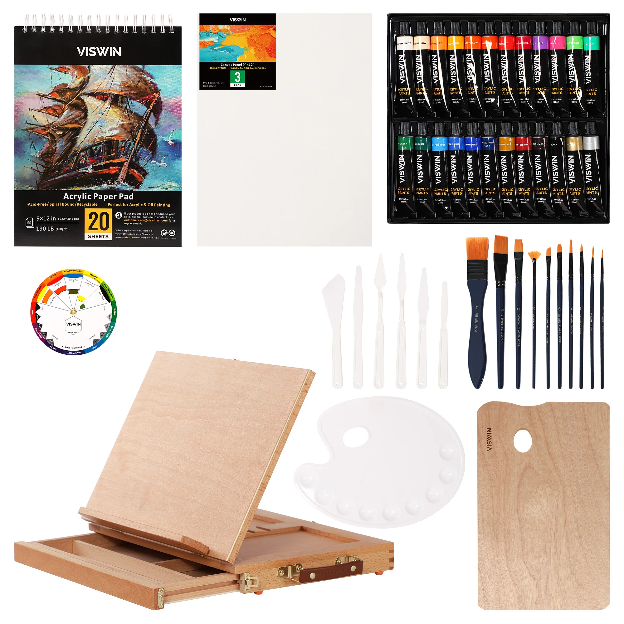 46 Piece Acrylic Painting Set with Wooden Table Easel & Drawer