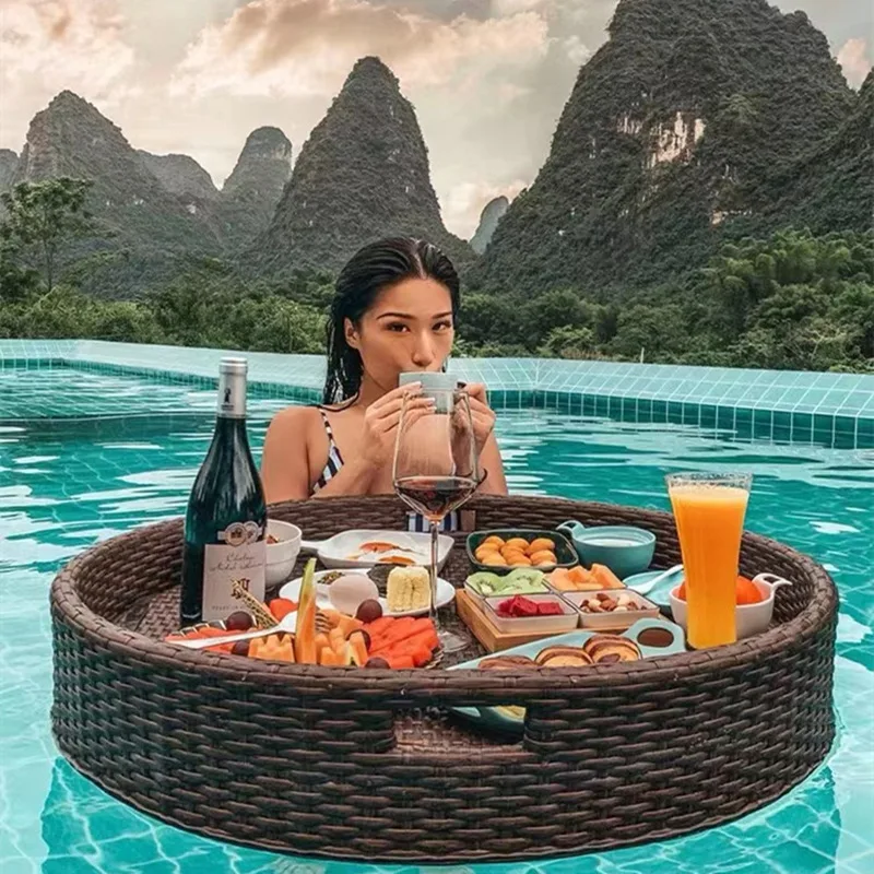 villa heart shape swimming pool floating breakfast tray New design hotel beach Swimming pool water rattan floating tray
