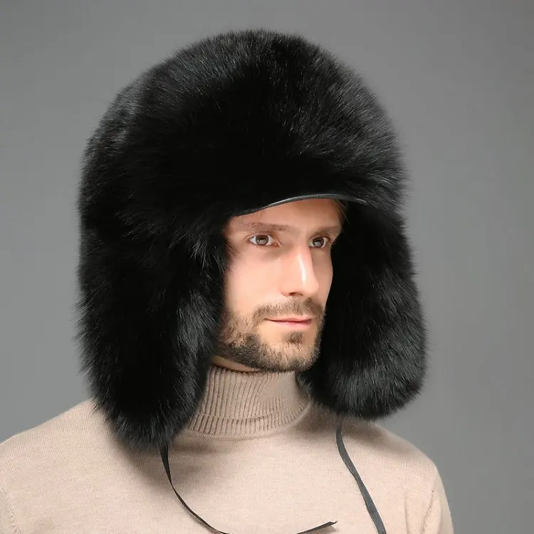 2021 mr & mrs furs Silver Fox Fur Russian Ushanka Hat For Man And Women Black Leather Earflap Tropper Hat With Silver Fox Fur