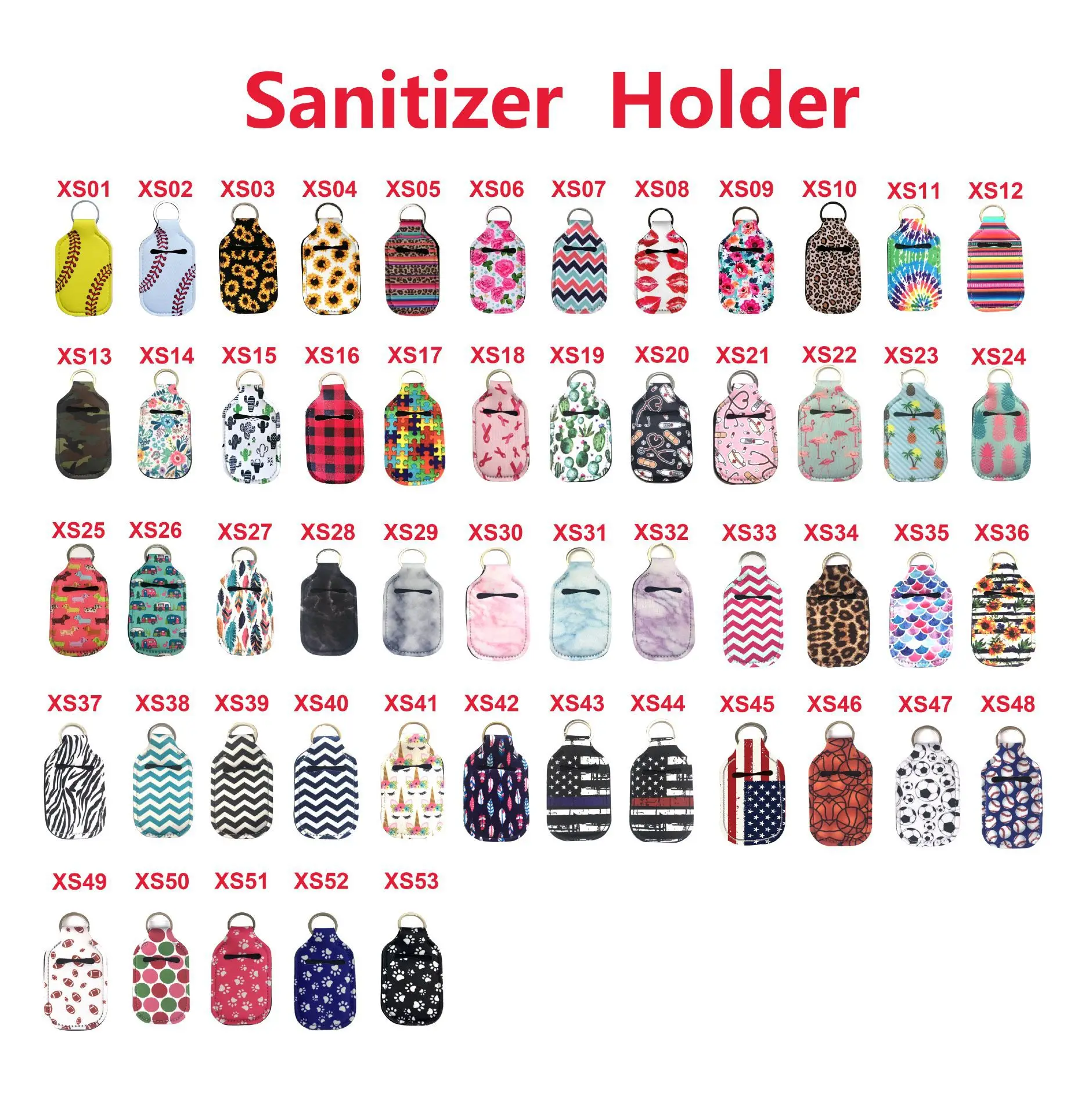 Ready to ship customized neoprene bottle holder 30ml waterless sanitizer holder key chains portable sanitizer holders