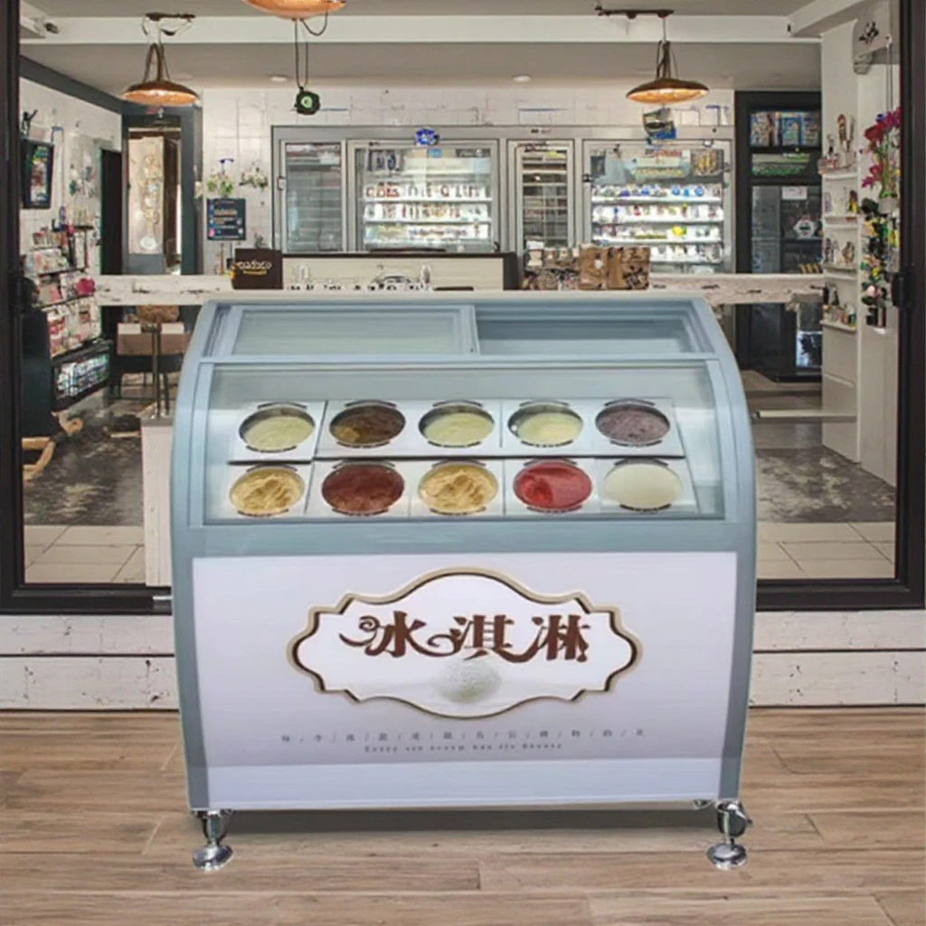 Commercial Thick-Cut Fried Yogurt Ice Cream Display Cabinet Barreled Basin with Glass Door LED Lighting Cool Climate Type Cooler