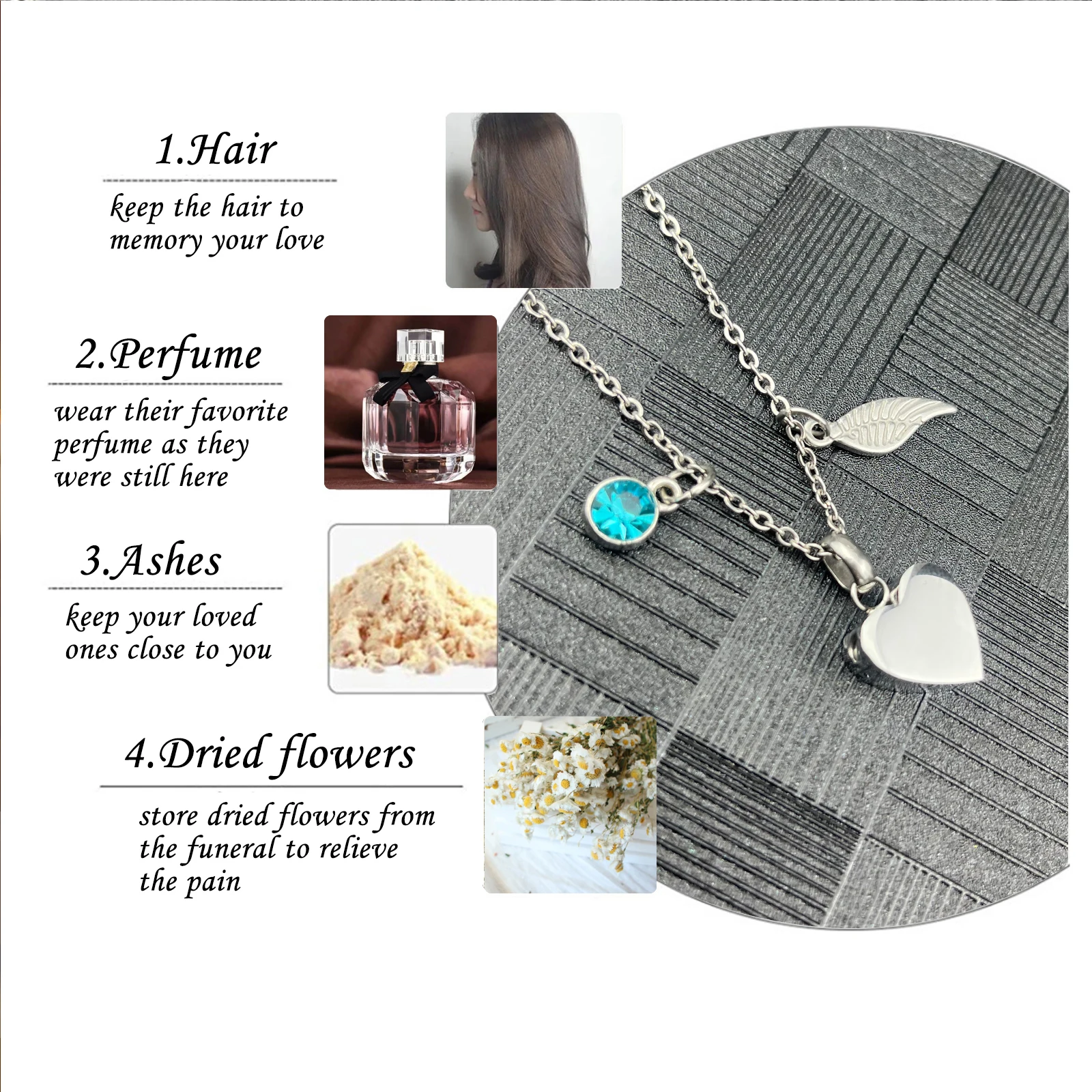 Heart with Angel Wings and Birthstone Pendant Necklace Cremation Urn Fashion Jewelry Keepsake Memorial for Human Pet Ashes